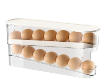 Automatic Scrolling Egg Holder Double Rows Fridge Egg Dispenser Automatic Egg Storage Container for Refrigerator Kitchen